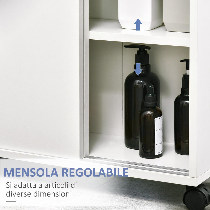 Mobiletto Bagno con Porte Scorrevoli 70x20x71 cm Ripiano Regolabile con Ruote Bianco