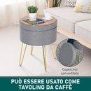 Pouf Contenitore 2 in 1 36x36x45 cm in Metallo Oro e Tessuto Grigio