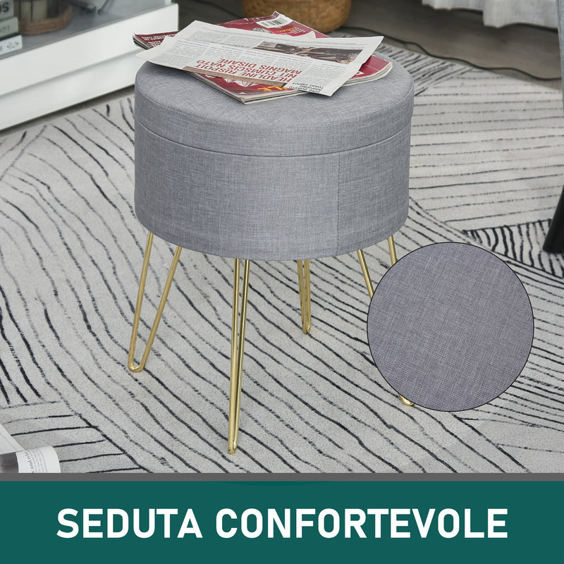 Pouf Contenitore 2 in 1 36x36x45 cm in Metallo Oro e Tessuto Grigio