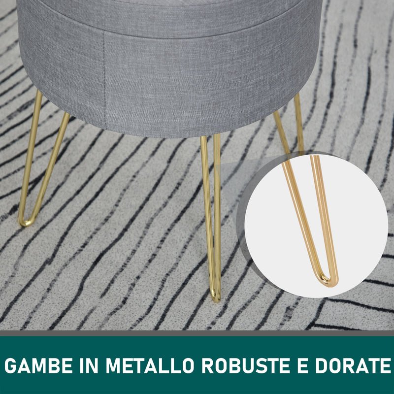 Pouf Contenitore 2 in 1 36x36x45 cm in Metallo Oro e Tessuto Grigio