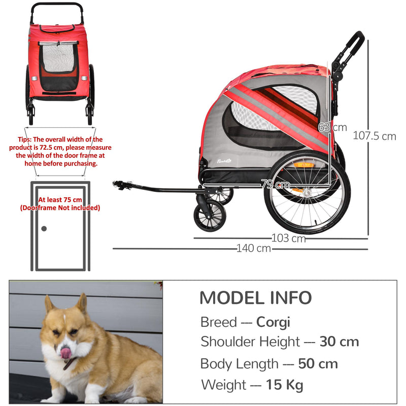 Carrellino Rimorchio per Cani e Animali Domestici 140x72,5x107,5 cm in Acciaio e Tessuto Oxford Rosso