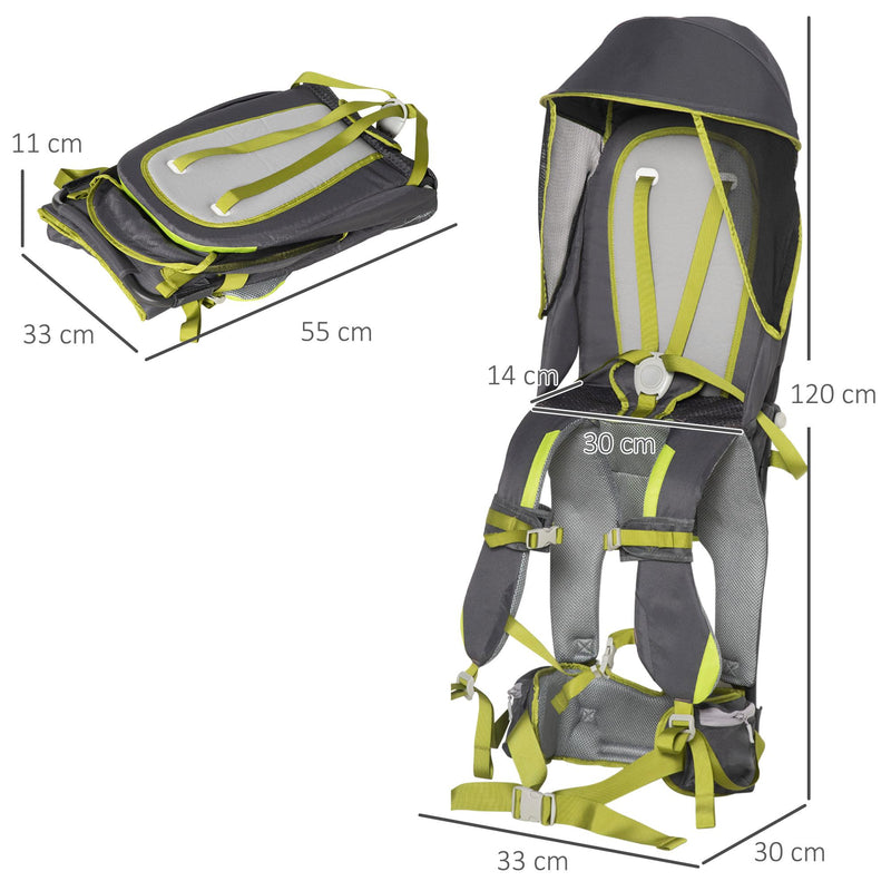 Zaino Porta Bimbo 6-36 mesi Pieghevole 33x31x120 cm in  Tessuto Oxford e Nylon Verde e Grigio