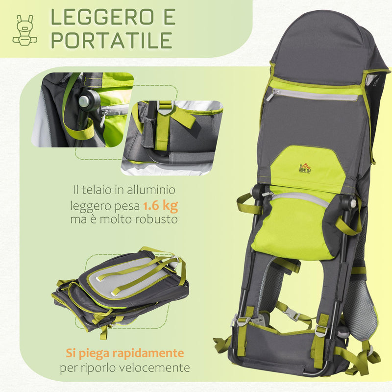 Zaino Porta Bimbo 6-36 mesi Pieghevole 33x31x120 cm in  Tessuto Oxford e Nylon Verde e Grigio