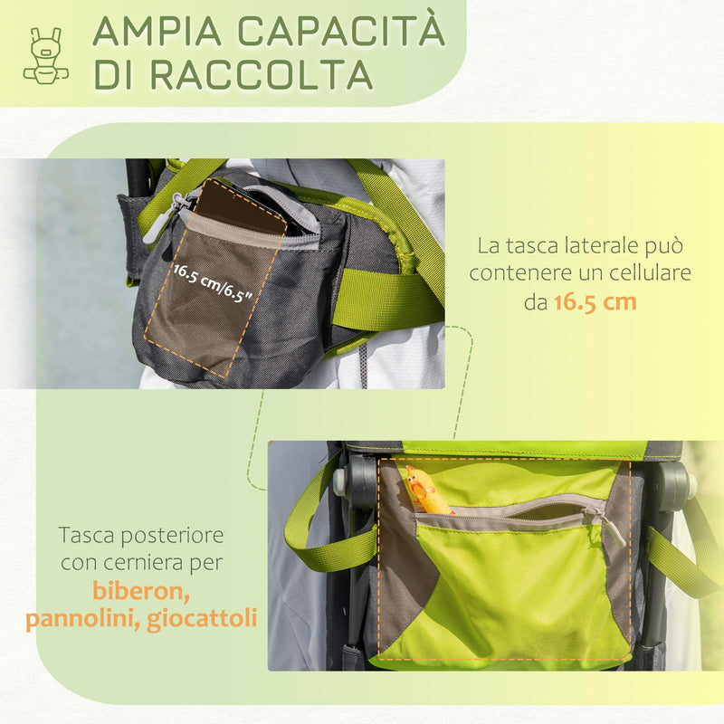 Zaino Porta Bimbo 6-36 mesi Pieghevole 33x31x120 cm in  Tessuto Oxford e Nylon Verde e Grigio