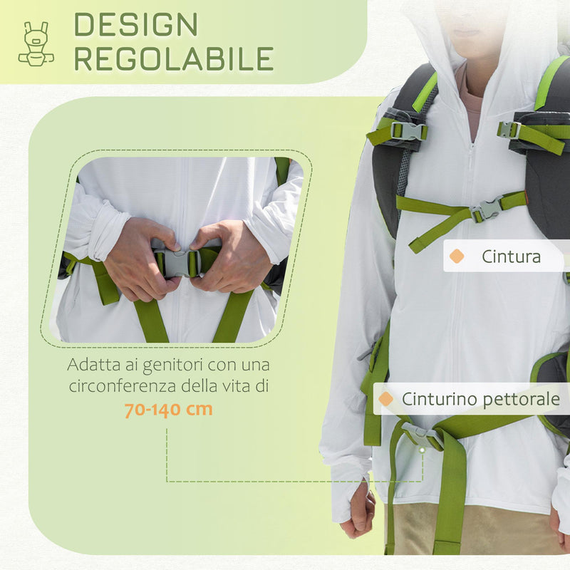 Zaino Porta Bimbo 6-36 mesi Pieghevole 33x31x120 cm in  Tessuto Oxford e Nylon Verde e Grigio