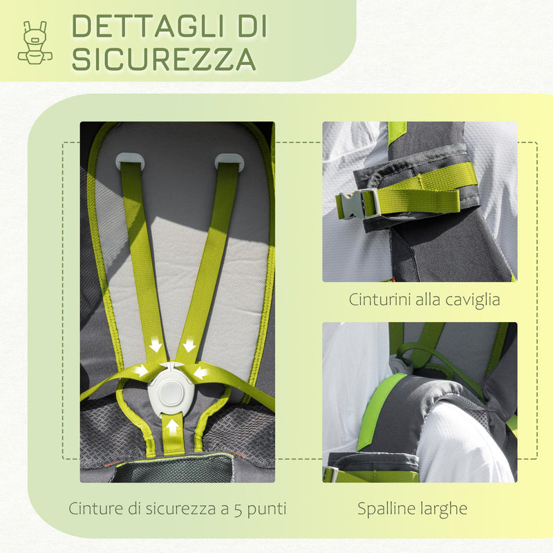 Zaino Porta Bimbo 6-36 mesi Pieghevole 33x31x120 cm in  Tessuto Oxford e Nylon Verde e Grigio