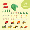 Trenino Giocattolo per Bambini 3+ Anni 86,1x76,1x25 cm 91 Pezzi con Gru Binari Veicoli e Personaggi in Legno Multicolore      