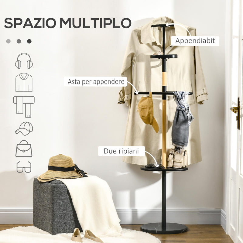 Appendiabiti da Terra 46x35x152 cm in Legno e Acciaio con Mensola e Gruccia Nero