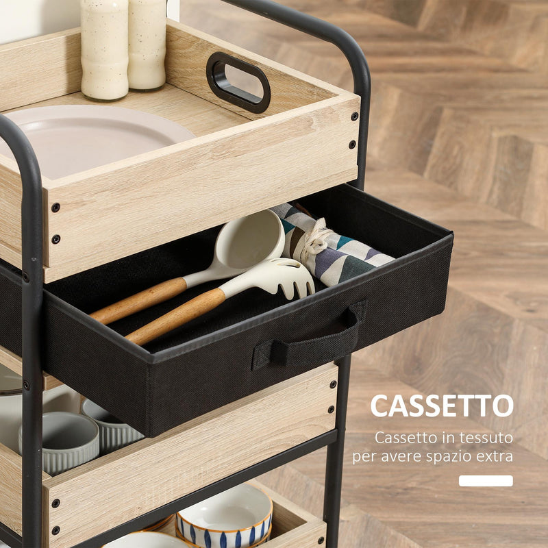 Carrello da Cucina 4 Livelli 45x35x79,5 cm con Cassetto e Vassoi Portavivande  in Legno e Acciaio