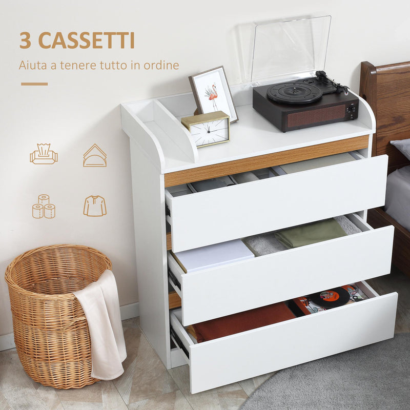 Cassettiera 3 Cassetti 80x40x86 cm in Legno MDF e Truciolato Bianco