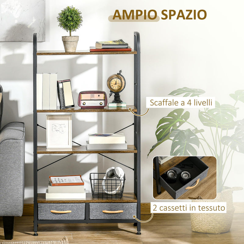 Libreria 4 Scaffali 2 Cassetti 64x27,5x121 cm in Acciaio e Truciolato