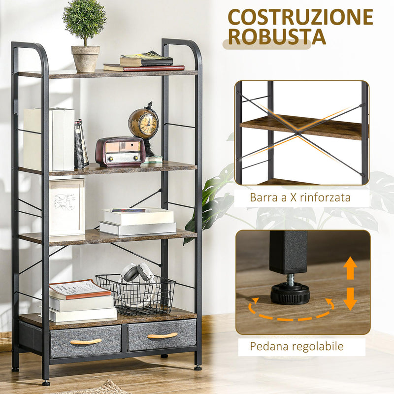 Libreria 4 Scaffali 2 Cassetti 64x27,5x121 cm in Acciaio e Truciolato