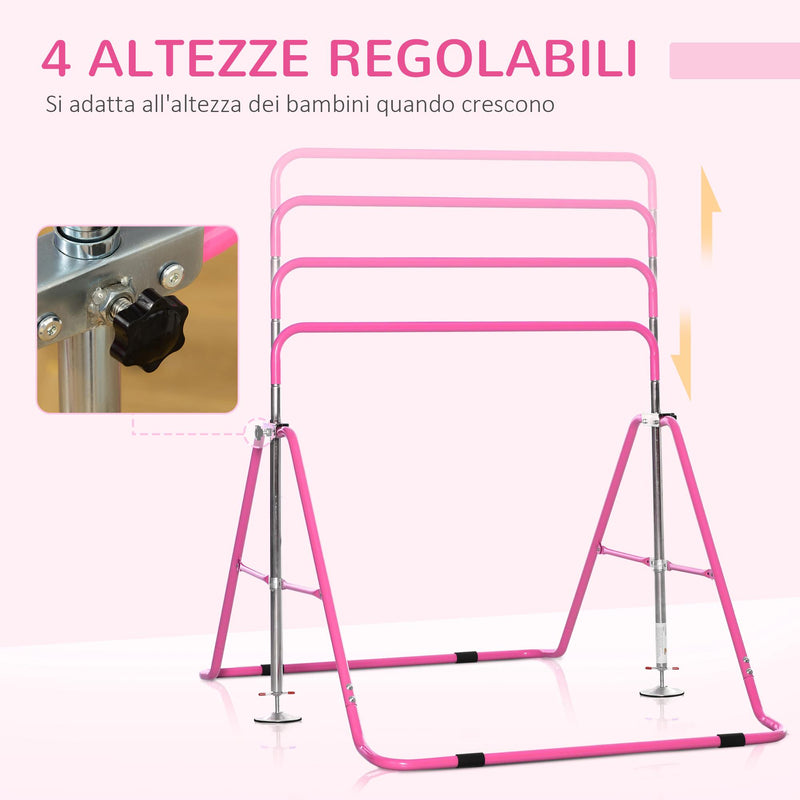 Barra Trazioni per Bambini 148x105x88-128 cm 4 Altezze Regolabili in Acciaio Rosa