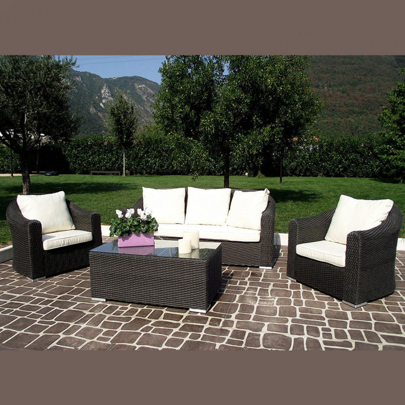 Set Salotto da Giardino Divano 2 Poltrone e Tavolino con Cuscini in Wicker Marrone