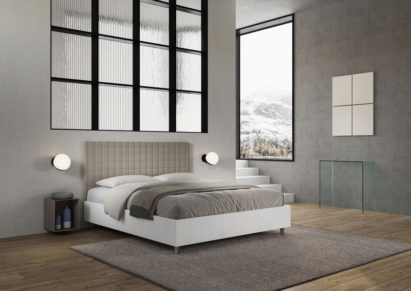 Letto Matrimoniale con Rete e Contenitore Alzata Comoda Struttura Bianco Frassico e Testata in Similpelle Burmy Tortora Varie Misure