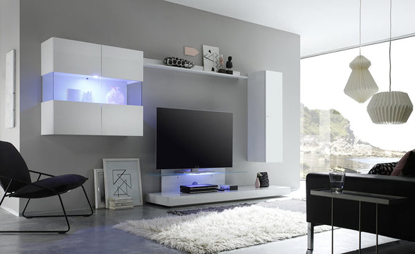 Ausgestattete Wand Wohnzimmermöbel 2 Hängemöbel 1 TV Schrank 1 Regal 320x50x175cm TFT Line Glossy White sconto