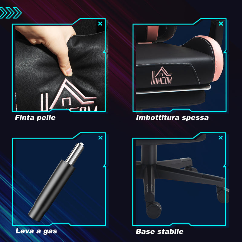 Sedia da Gaming Ergonomica con Orecchie da Gatto Poggiapiedi Retrattile e Schienale Reclinabile 135° Rosa e Nero     