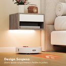 Set 2 Comodini Sospesi 37x32x21 cm con LED RGB Integrati e Regolabili con APP Cassetto e Ripiano in Melamina Bianco e Color Legno      