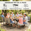 Set 11 Pezzi da Pranzo da Esterno con Tavolo 6 Poltrone e 4 Pouf in Rattan PE Vetro e Acciaio Grigio      