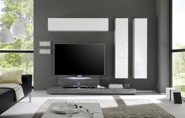 Ausgestattete Wand Wohnzimmermöbel 3 Hängemöbel 1 TV-Schrank Regal 185x225x51cm TFT Cube Glänzend Weiß und Graue Eiche online