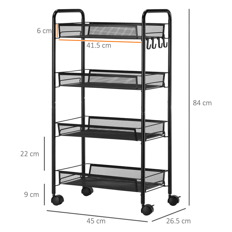 Carrello da Cucina a 4 Ripiani 45x26,5x84 cm in Acciaio e Polipropilene Nero