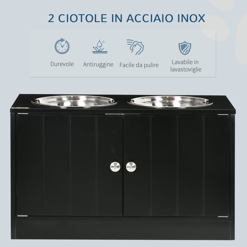 2 Ciotole per Cani Rialzate 60x30x35,5 cm in Acciaio Inox con Vano Contenitore Nero