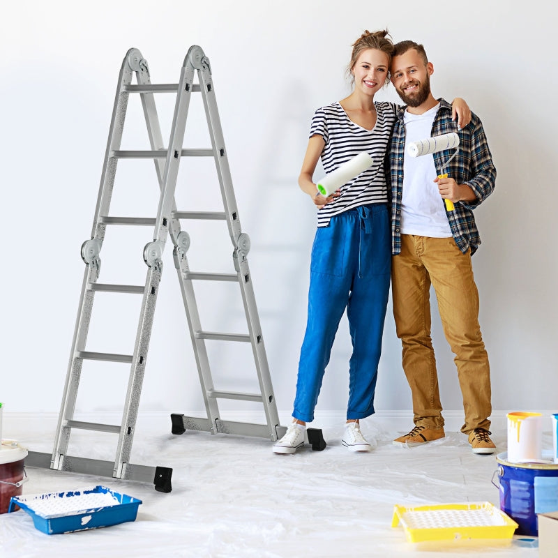 Scala Telescopica a 5 Posizioni con 2 Piattaforme di Sicurezza 339x76x10 cm in Alluminio Argento