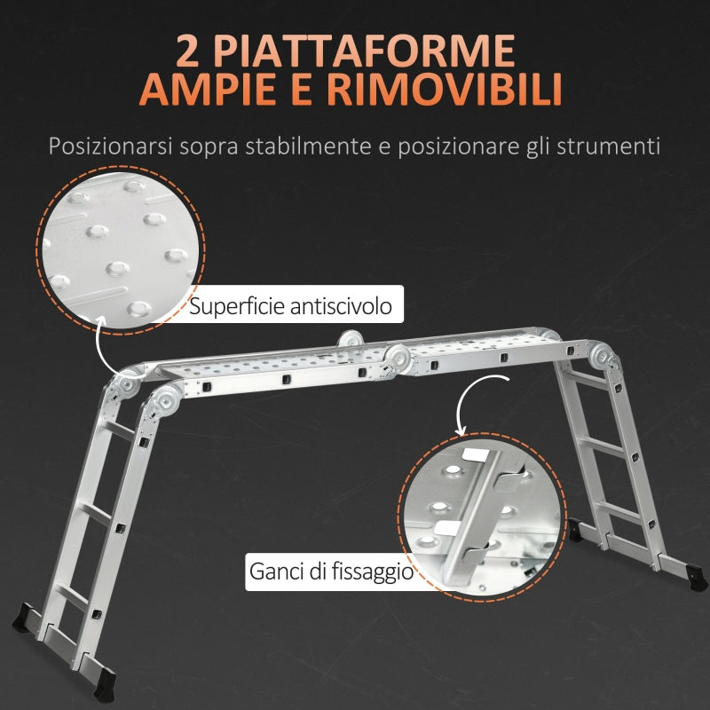 Scala Telescopica a 5 Posizioni con 2 Piattaforme di Sicurezza 339x76x10 cm in Alluminio Argento