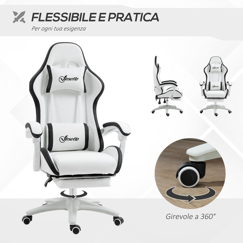 Sedia da Gaming con Schienale Reclinabile 65x65x121-129 cm in Finta Pelle PU Bianco e Nero  