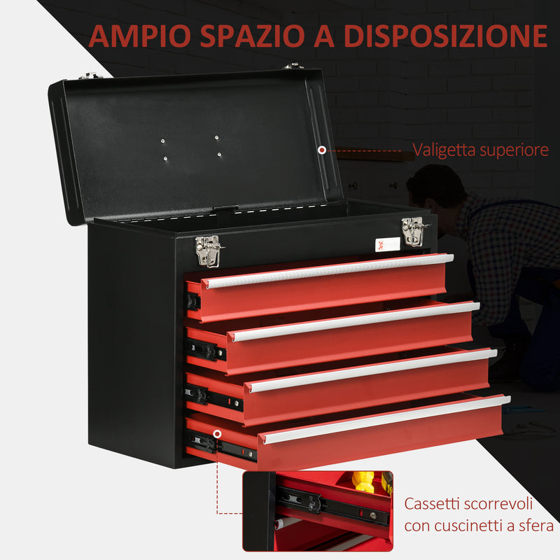 Cassetta Porta Attrezzi 4 Cassetti e Vassoio 51x22x39,5 cm in Acciaio Rosso e Nero