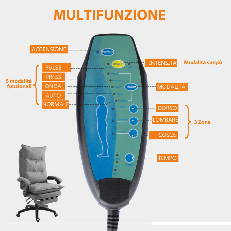 Sedia Poltrona da Ufficio Presidenziale Massaggiante 70x62x120-130 cm con Poggiapiedi Grigio