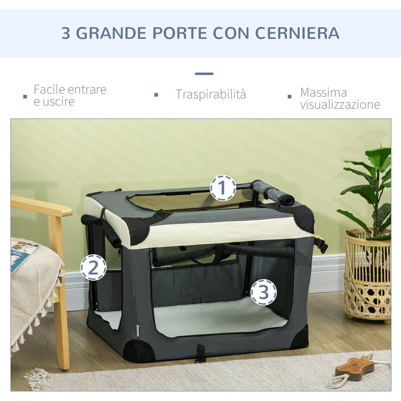 Trasportino per Cani e Gatti Pieghevole 70x51x50 cm 3 Aperture e Cuscino Grigio