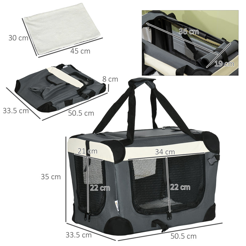 Trasportino per Cani e Gatti Pieghevole 50,5x33,5x35 cm 3 Aperture e Cuscino Grigio