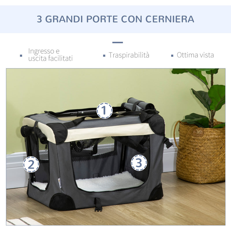 Trasportino per Cani e Gatti Pieghevole 50,5x33,5x35 cm 3 Aperture e Cuscino Grigio