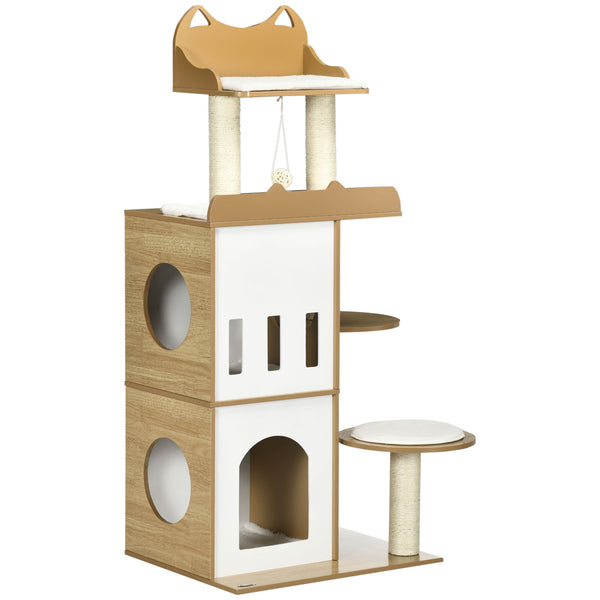 acquista Albero per Gatti con Tiragraffi 60x48x133 cm 2 Casette Posatoi e Pallina Gioco in MDF Peluche e Sisal Rovere e bianco