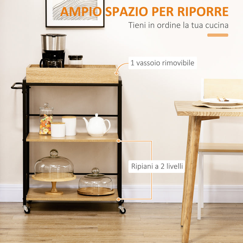 Carrello da Cucina 72x40x86 cm 3 Ripiani con Vassoio Rimovibile e Ruote Girevoli in Truciolare e Acciaio Nero