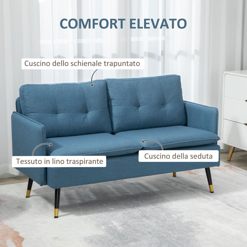 Divano 2 Posti 139x68x80 cm con Cuscini Imbottiti e Gambe in Acciaio  in Tessuto  Blu Scuro