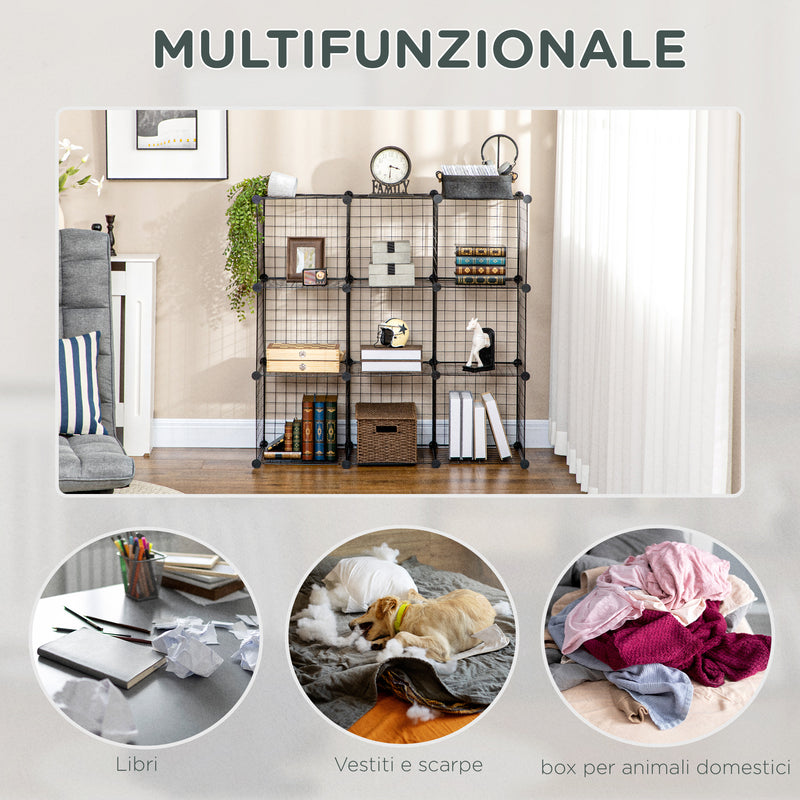 Libreria a 9 Cubi in Rete 35x35x35 cm con Pannelli in Acciaio e Polipropilene Nero