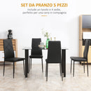 Set da Pranzo Tavolo e 4 Sedie Seduta Imbottita in Vetro Temperato e Acciaio Nero