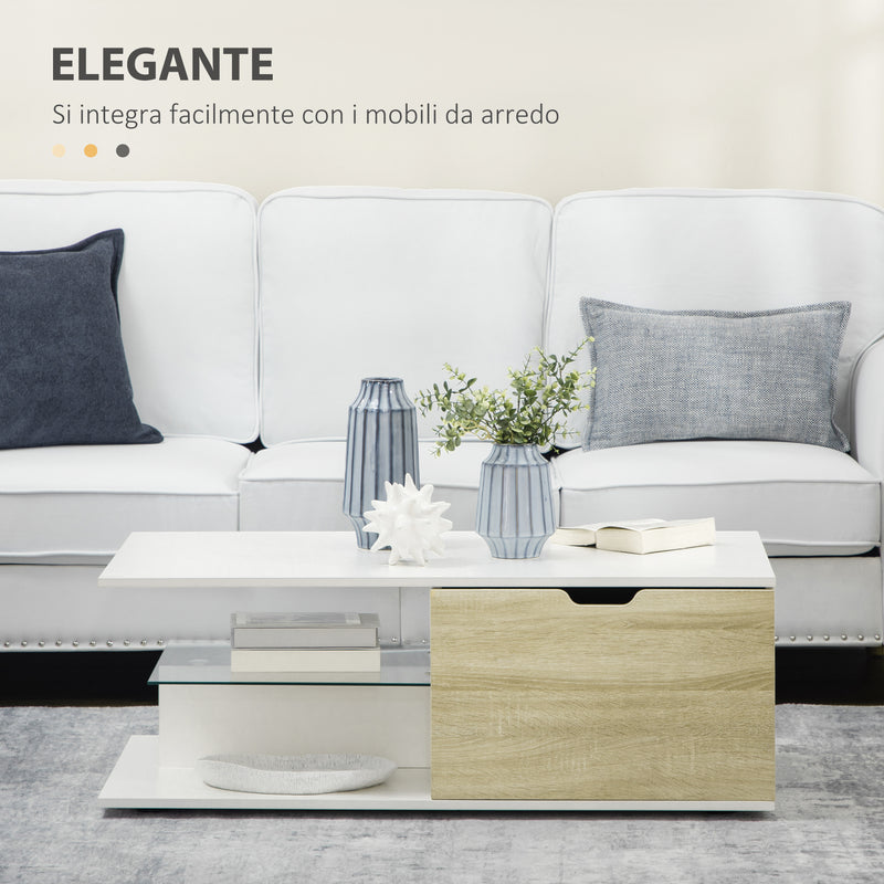 Tavolino da Caffè  106x58x39 cm con Cassetti e Ripiano in Vetro in Truciolato Bianco