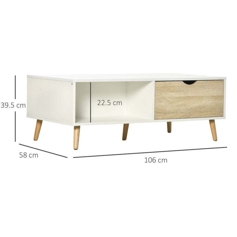 Tavolino da Caffè  106x58x39,5 cm 1 Cassetto e Ripiano in Truciolato Bianco e Legno