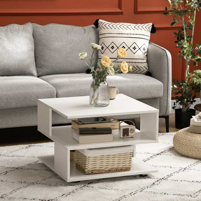 Tavolino da Caffè Asimmetrico 60x60x45 cm con Ripiani e Piedini Regolabili in Legno Bianco