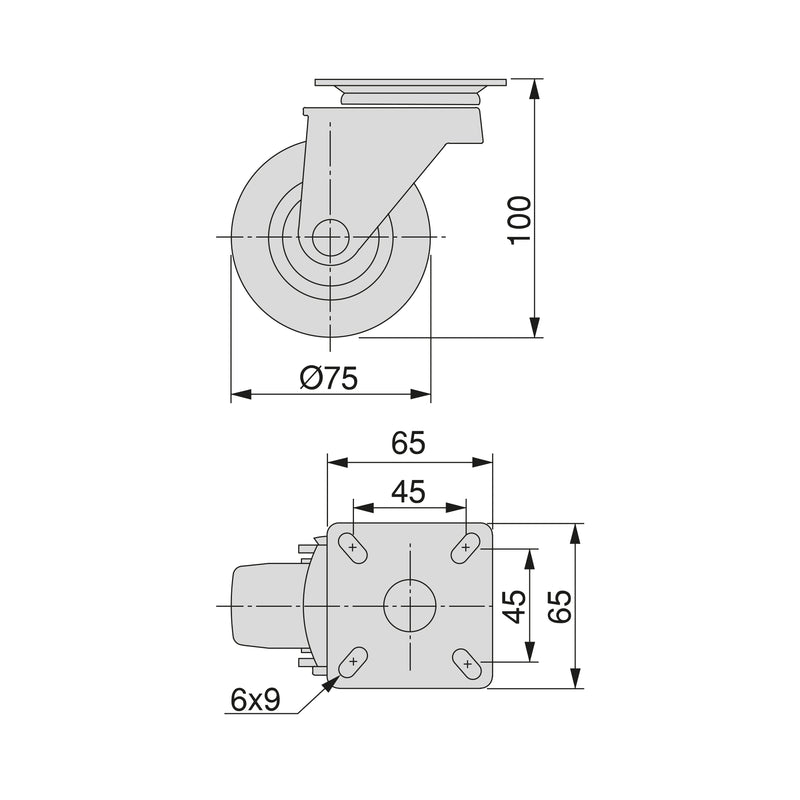 Kit 4 Ruote Slip per Carrello Ø7,5 cm con Piastra in Acciaio Emuca Neri
