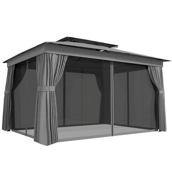 Gazebo da Giardino a 2 Livelli 380x300x270 cm con Zanzariere e Tende in Metallo e Poliestere Grigio Scuro online