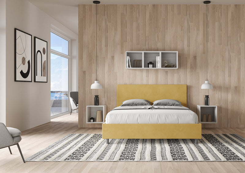 Letto Matrimoniale Giroletto con Alzata Comoda Imbottito in Microfibra Adele Ocra Varie Misure