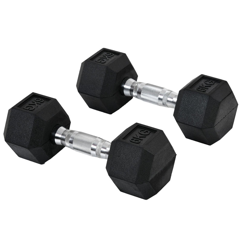 Set di 2 Manubri Esagonali da 6 kg con Presa Antiscivolo e Rivestimento in Gomma Nero   