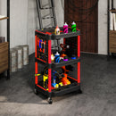 Carrello Porta Attrezzi a 3 Livelli 56,5x47,5x89 cm con Pannello Forato Laterale in Plastica Nero e Rosso  