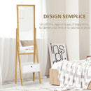 Specchio da Terra 45x30x160 cm con Cassetto in MDF e Bambù Bianco e Color Legno