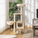 Tiragraffi per Gatti con 2 Pali Casetta e Lettini 48x40x126 cm in Legno Peluche e Sisal Beige  