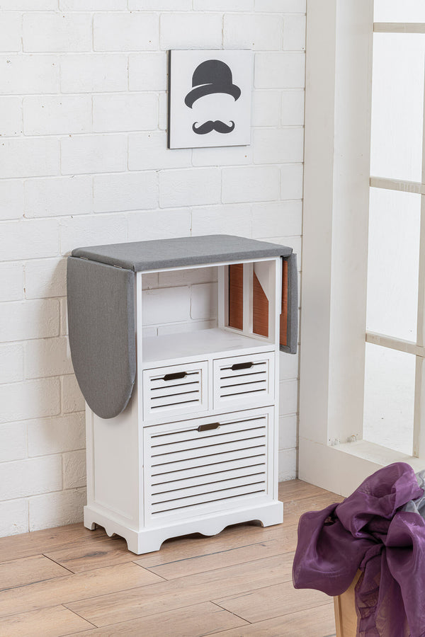 sconto Victor Weißer Bügelbrettschrank aus Holz mit 3 Schubladen 130 x 34 x 85 cm